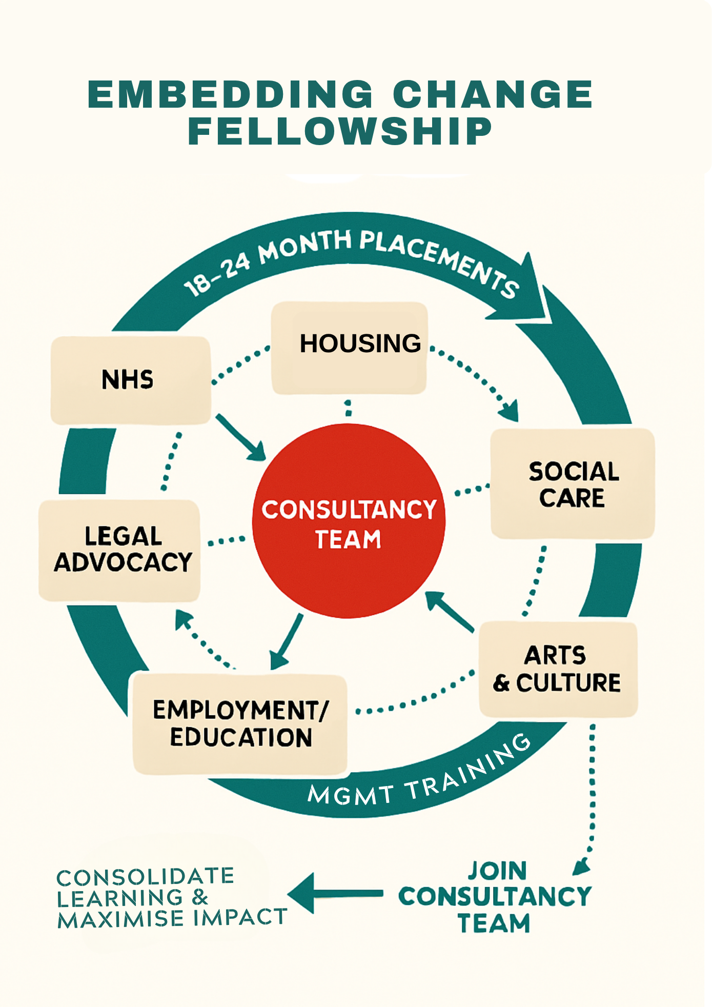 Fellowship Cycling Model showing fellows rotating through six sectors with consultancy team support