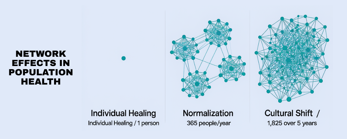 Network effects visualization showing progression from individual healing to cultural shift